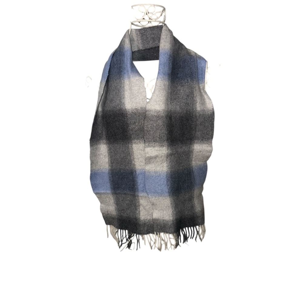 Peck & Peck Luxury Plaid 100% Cashmere Scarf Blue Grey Black Fringe Warm Winter